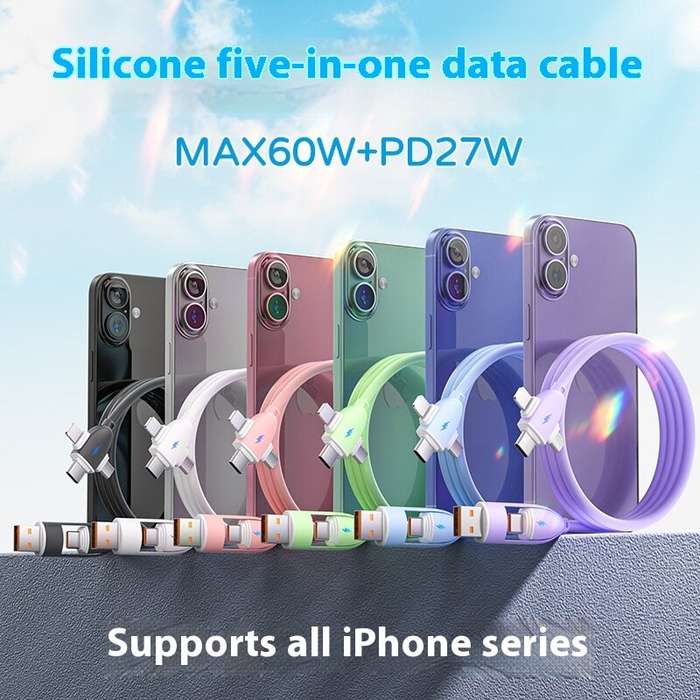 Pink - 60W 5-in-1 Cable USB-A/Type-C to iP/Micro/Type-C Cable Fast Charging Data Transmission Pure C