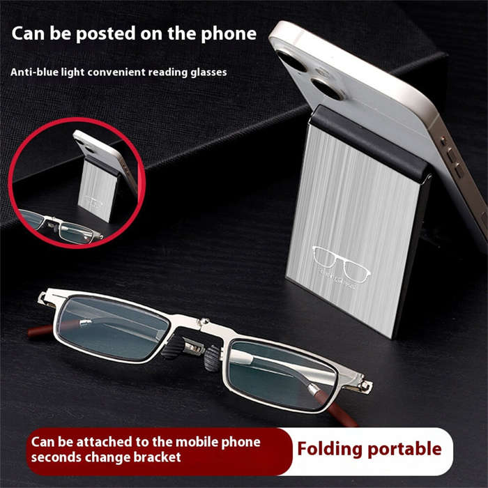 +300 - 2 in 1 Portable Folding Reading Glasses with Metal Glasses Case Mobile Phone Holder HD Anti-F