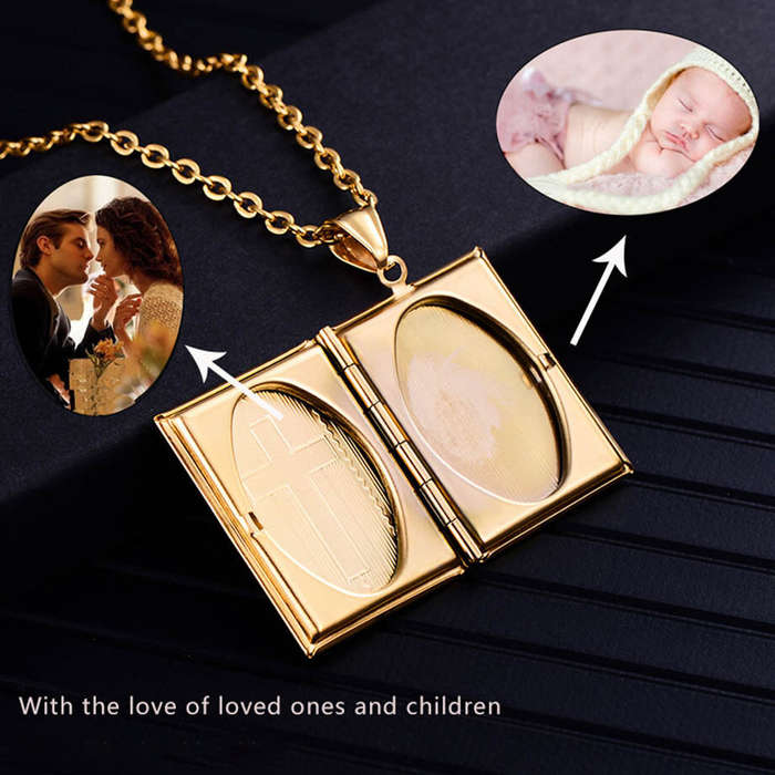 Silver - Religious Jesus Cross Locket Pendants Gold Silver Color Photo Frame Memory Necklace for Wom
