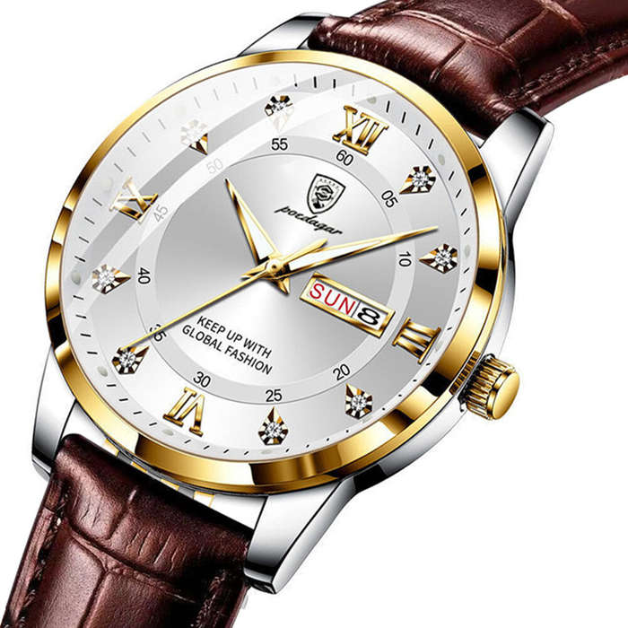 White - POEDAGAR Luxury Rhinestone Business Men Quartz Watch Calendar Week Luminous Pointer Leather