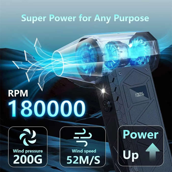 Black + Orange - Turbo Fan 180000RPM Peak Powerful Air Blower 52m/s Speed Dual 4000mAh Batteries LED