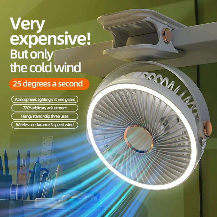 Blue - Mini Clip Fan Cordless Electric Ceiling Fan with LED Light Electric Fan USB Rechargeable Stud