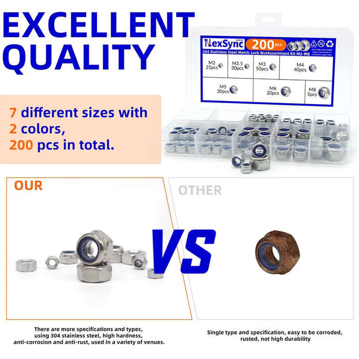 with box - 200pcs DIN985 Hex Nylon Insert Self Lock Nut Nylock Locknut Assortment Kit Set M2 M2.5 M3