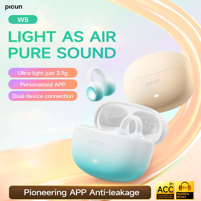 Cyan - PICUN W5 TWS Earclip Earbuds Wireless bluetooth 5.4 Earphone HiFi Audio Deep Bass Dual-Mic AI