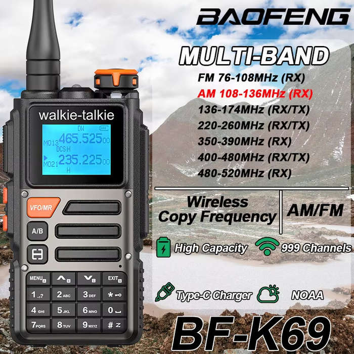 Black - Baofeng BF-K69 High Power Walkie Talkie Multi-Band Wireless Copy Frequency 999CH Type-C AM F
