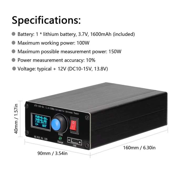 Black - ATU-100-0A 1.8-55MHz Mini Automatic Antenna Tuner 0.91inch OLED Display Aluminum Alloy Outca