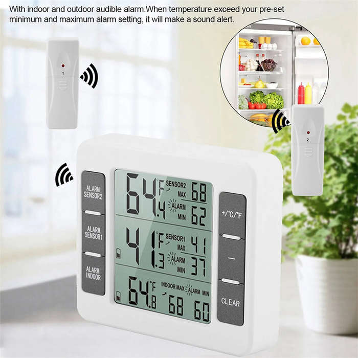 white - Home Indoor Wireless Digital Audible Alarm Refrigerator Thermometer with 2PCS Sensor Min/Max