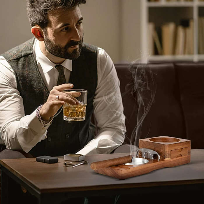 Brown - Wooden Cigar Ashtray Drinks Solid Wood Track Whiskey Tea Tray Cigar Holder Ashtray Cup Holde