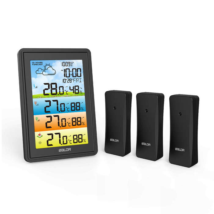 Black - BALDR 3 Sensors Weather Station Wireless Indoor Outdoor Thermometer with Alarm Clock / Calen