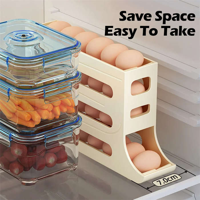 Cream - Automatic Scrolling Egg Rack Holder High Capacity Storage Box with Individual Egg Recess for