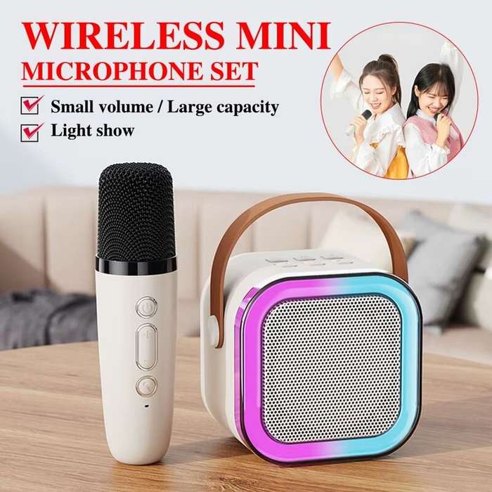 Beige - K12 Mini bluetooth Speaker Karaoke Speaker with Microphone Deep Bass 4-core DSP Noise Cancel
