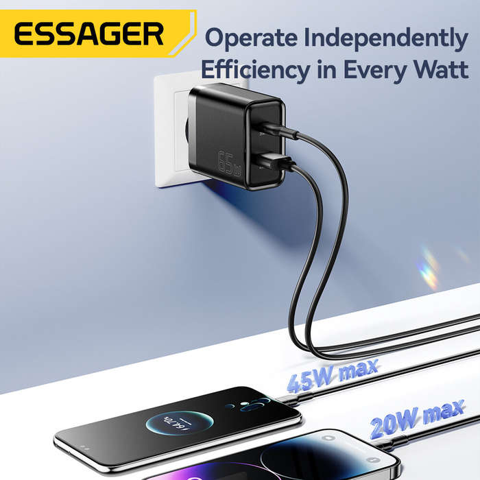 US Plug - ESSAGER ES-CD43 65W 2-Port USB PD Charger USB-A+USB-C QC4.0/3.0/2.0 PD3.0/2.0 FCP SCP DCP