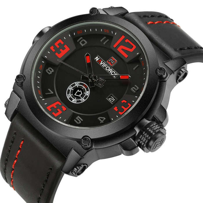 Black+Red - NAVIFORCE Fashion Men Sports Watches Genuine Leather Strap Quartz Watch Waterproof Date