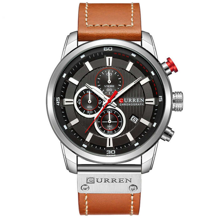 Brown - CURREN Men Leather Strap Sport Watches Six-hand Chronograph Wristwatch Waterproof Watches Mu