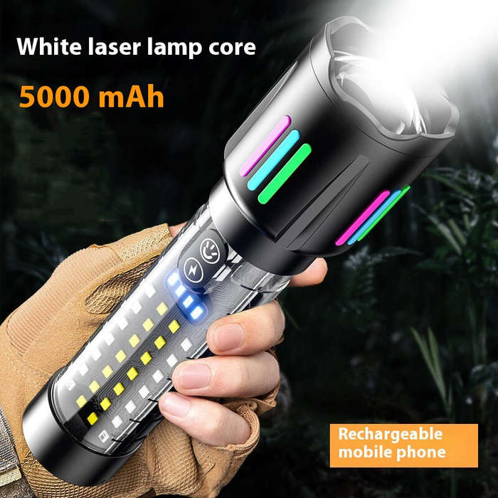 Black - Longe Range Telescopic Zoom Whtie Spotlight LED Flashlight with Bright COB Floodlight Type-C