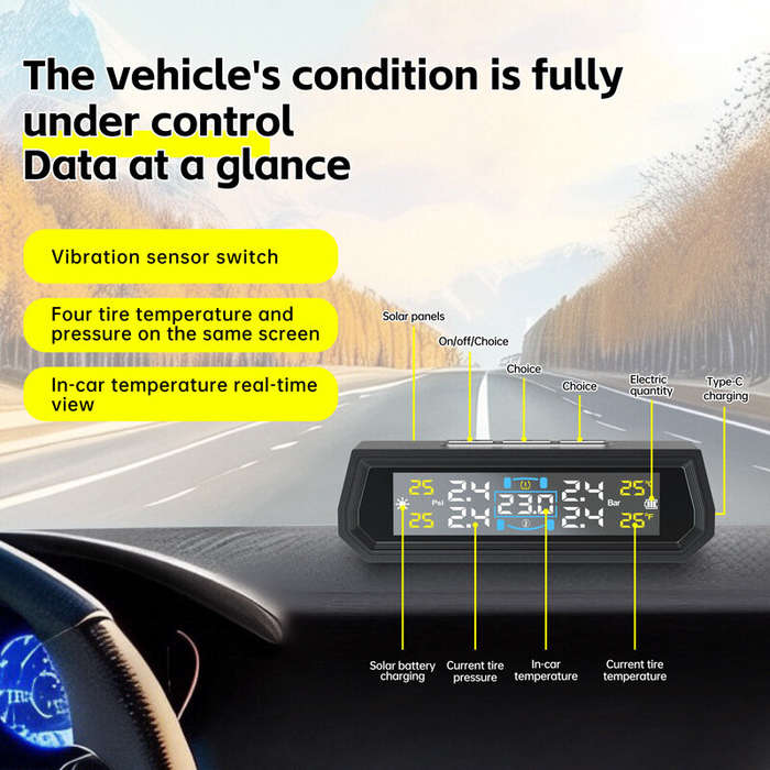 Internal - Solar Tire Pressure Monitoring System In-Car Ambient Temperature Detection Four Tire Pres