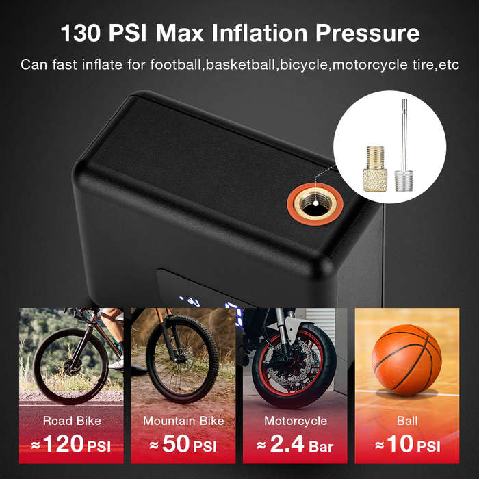 Black - LAOTIE Z11 130PSI Mini Electric Pump - Ultra-Light Portable Air Compressor with LED & Auto-S