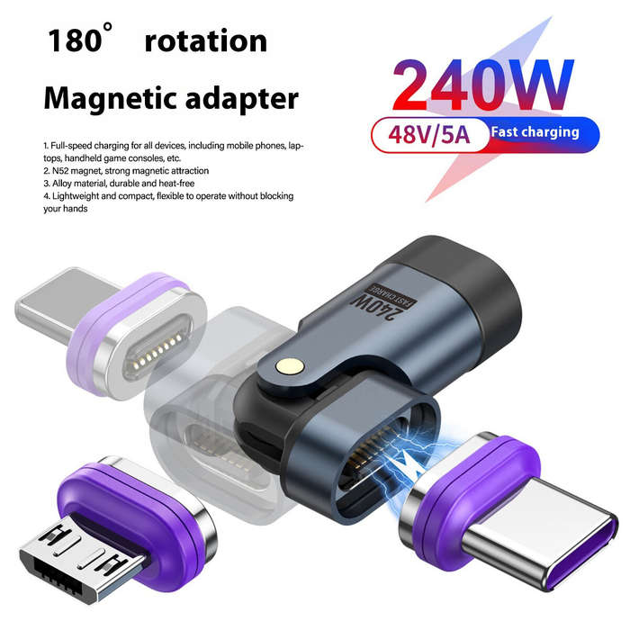 Micro USB Magnetic Head - 3-in-1 240W PD3.0 Magnetic USB Cable Adapter with Type-C/iP/Micro USB Fast