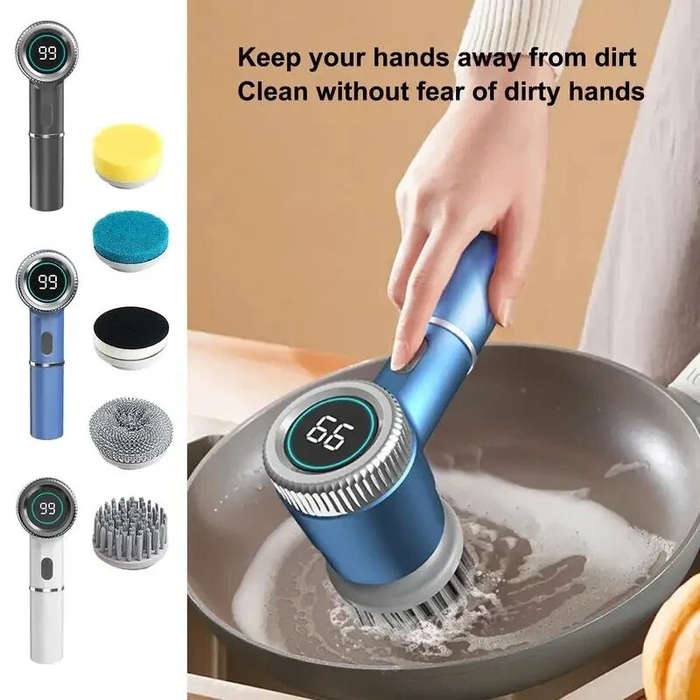 Blue - 1200mAh Electric Dish Pot Cleaning Brush with 5 Brush Heads Bathroom Professional Cleaning Au