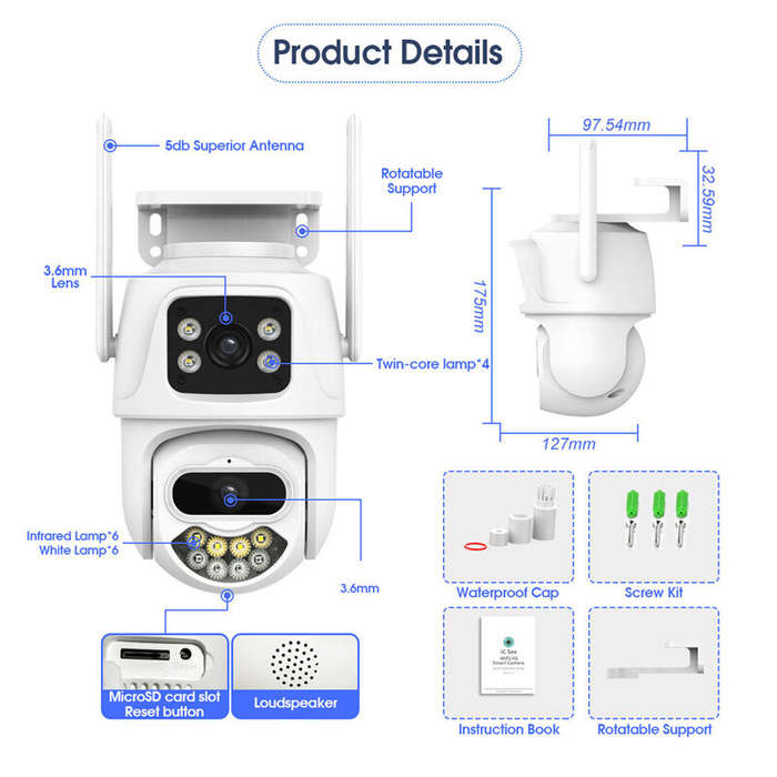 3K 6MP Dual Lens Outdoors WiFi Security Camera HD Night Vision Motion Detection Auto Tracking Waterp