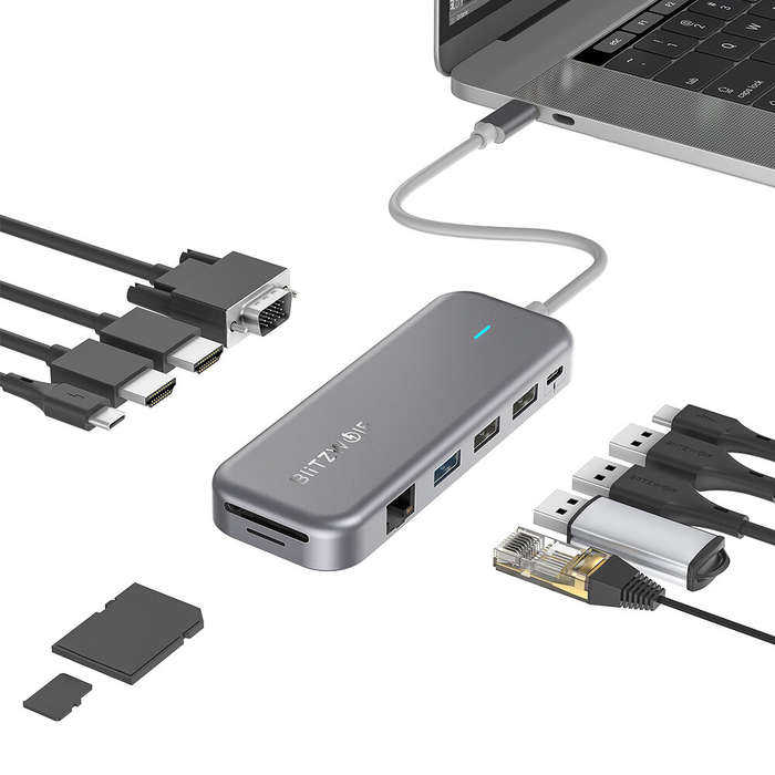 BlitzWolf BW-TH11 11-in-1 USB-C Data Hub with Dual 4K@30Hz HDMI Ports 1080P 60Hz VGA Port USB3.0 USB