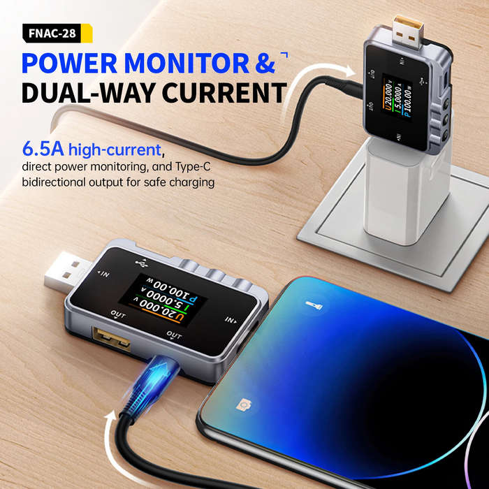 #A - FNIRSI FNAC-28 USB Tester Voltage Current Power Meter 4-24V 6.5A Color Screen Protocol Detectio