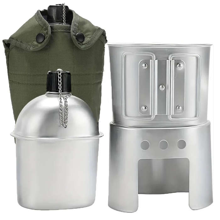 Sliver - IPRee Aluminum Water Canteen Cup Wood Stove Pouch Set Portable Military Canteen for Outdoor