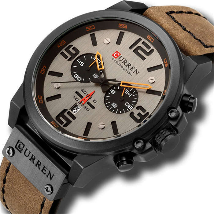 Grey - CURREN Men Sport Watch Leather Strap Quartz Watch 30M Waterproof Male Wrist Watch Multi-funct