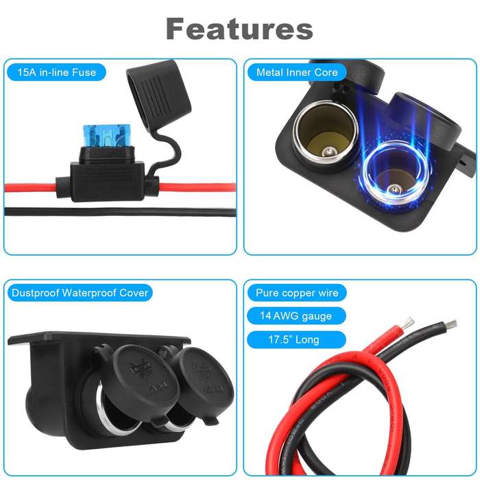 Black - Car Socket with Blade Fuse 2-Socket Splitter 12V Lighter Power Outlet Replacement Waterproof