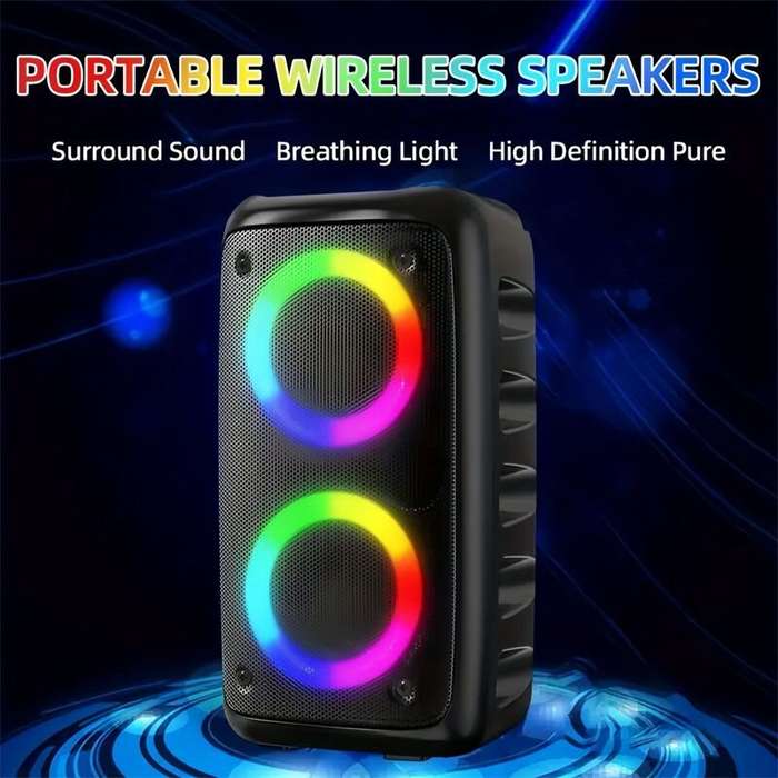 Black - HY-3317 Portable bluetooth Speaker Wireless Speakers RGB Light Dual Subwoofers Tweeter Suppo