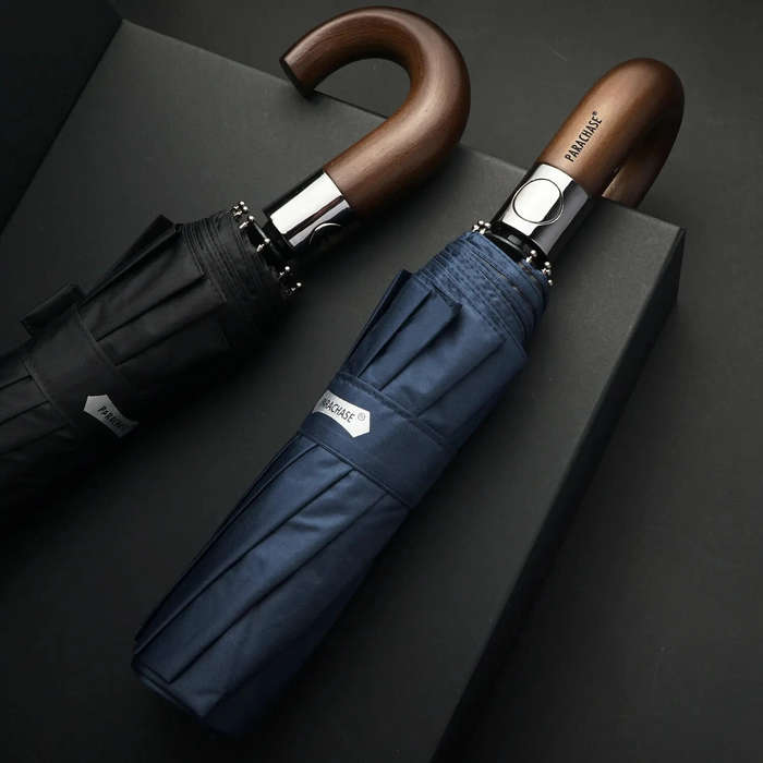 Navy Blue - Automatic 10-Rib Wooden Curved Handle Automatic Umbrella 10K Automatic Folding Umbrella