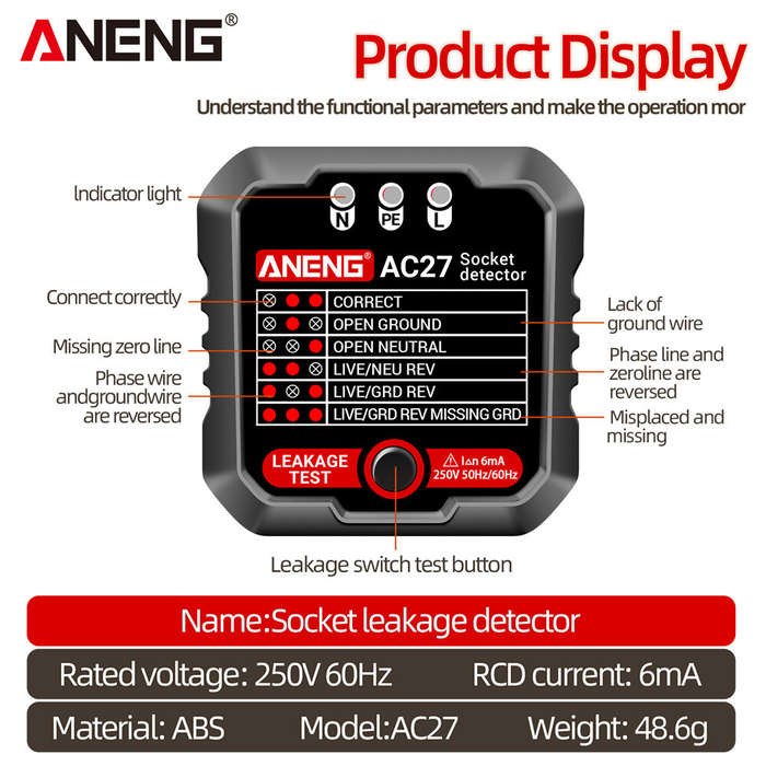 US Plug (White) - ANENG AC27 Smart Socket Tester EU/US Plug Polarity Phase Check Voltage Detector Te