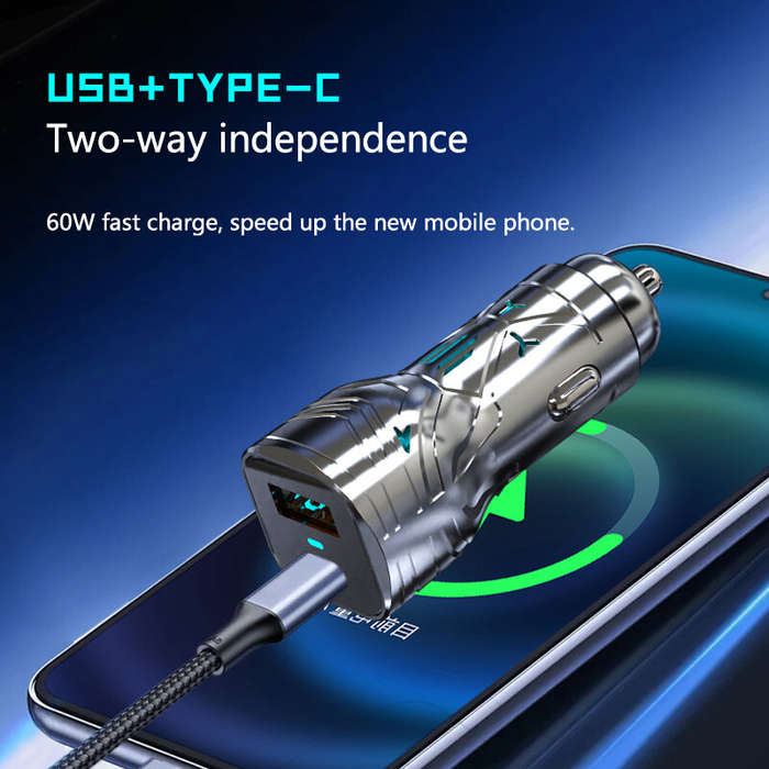 Silver - 60W Car Charger Super Fast Charging Car Charger For Apple And Huawei Mobile Phones USB+Type