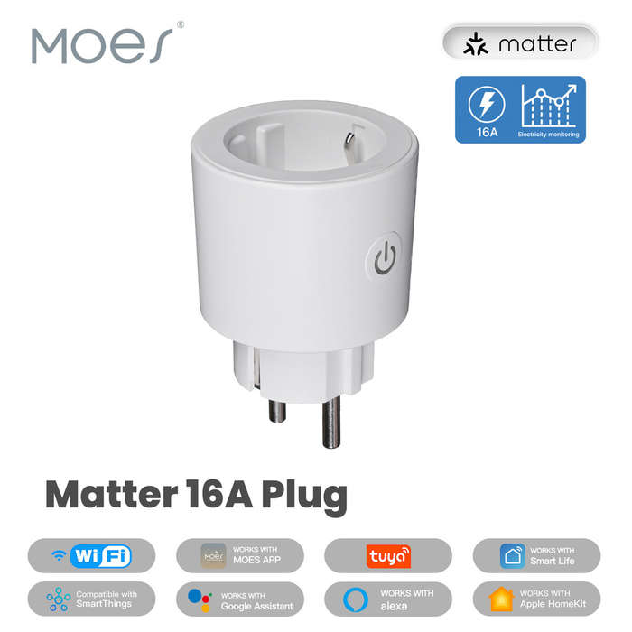 White - MOES Tuya Smart Matter Plug WiFi Socket 16A Outlet Power Monitor Remote Control Voice Contro