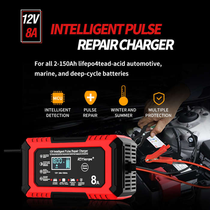Red - RJTianye 12V 8A 4ah-150ah Intelligent Pulse Repair Charger 110-230V AC Car Motorcycle Battery