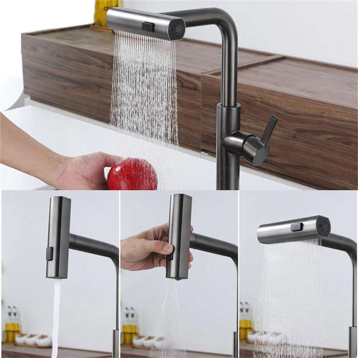 Silver - 304 Stainless Steel Kitchen Faucet Pull Out Rotation Waterfall Stream Sprayer Brushed Nicke