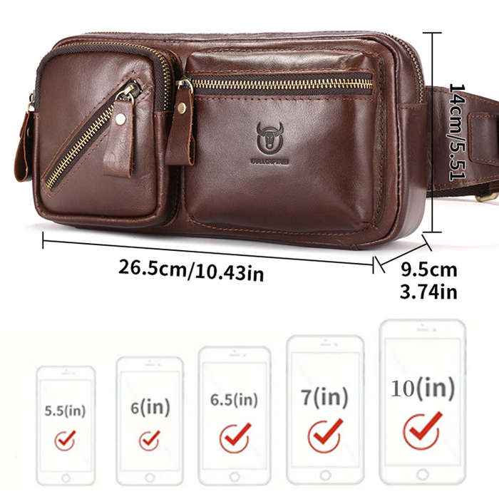Black - BULLCAPTAIN Men's Genuine Leather Waist Bag Large Capacity Chest Bag Outdoor Sports Zipper F