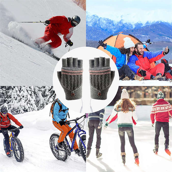 Black Grey - TENGOO 1pair Heated Gloves Mittens Knitting Fingerless Comfortable Winter Gloves for In