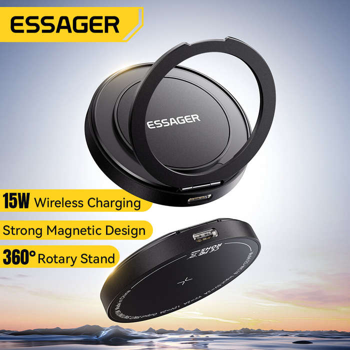 Black - ESSAGER ES-WC18 15W Magnetic Wireless Charger Fast Wireless Charging Pad with 360 Rotary Sta