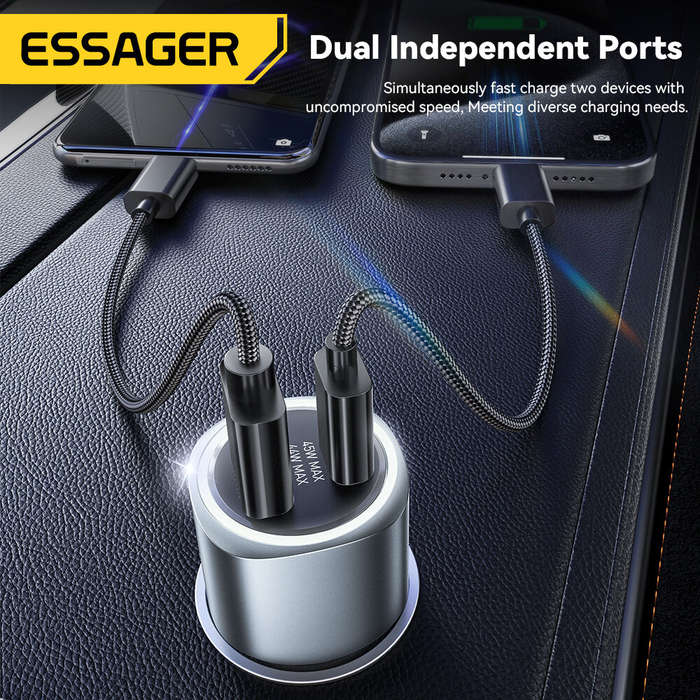 Silver - ESSAGER ES-CC16 89W 2-Port USB PD Car Charger Adapter USB-A+USB-C PD QC3.0 Support FCP SCP