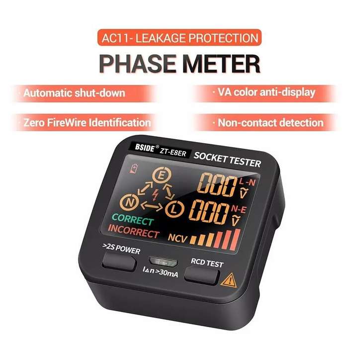 EU Plug - BSIDE ZT-E8 LCD Socket Tester Color Screen Voltage Outlet Tester Auto Electric Circuit Pol