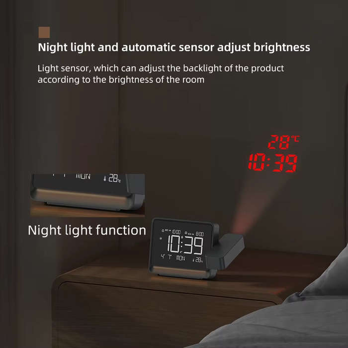 Black - Digital Alarm Clock Wall Projection Time Temperature bluetooth Adjustment Night Light USB Po