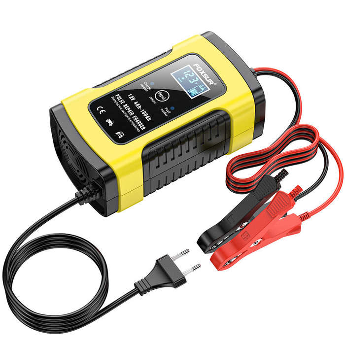 UK Plug - FOXSUR 12V 5A Motorcycle Car Pulse Repair Charger with LCD Display Intelligent Car Battery