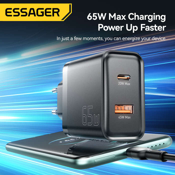 US Plug - ESSAGER ES-CD43 65W 2-Port USB PD Charger USB-A+USB-C QC4.0/3.0/2.0 PD3.0/2.0 FCP SCP DCP