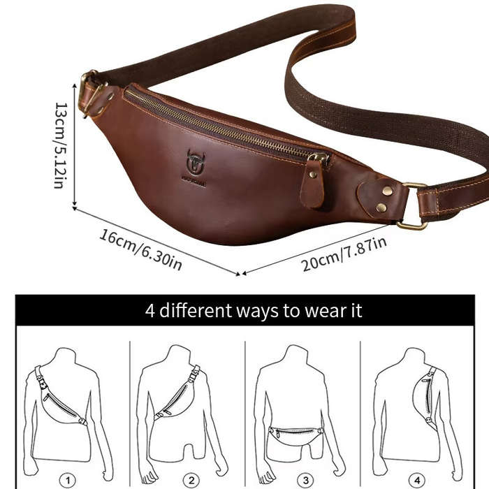 Coffee - BULLCAPTAIN Genuine Leather Men's Belt Bag Crazy Horse Leather Casual Crossbody Bag Classic