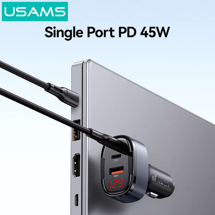 Black - USAMS CC257 C42 100W 3-Port USB PD Car Charger Adapter USB-A+USB-C+iP Support PD QC AFC SCP