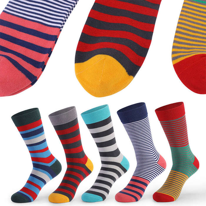 #01 - 5Pairs Colorful Striped Men Long Socks Fun Novelty Cotton Dress Socks Comfy Breathable Crew So