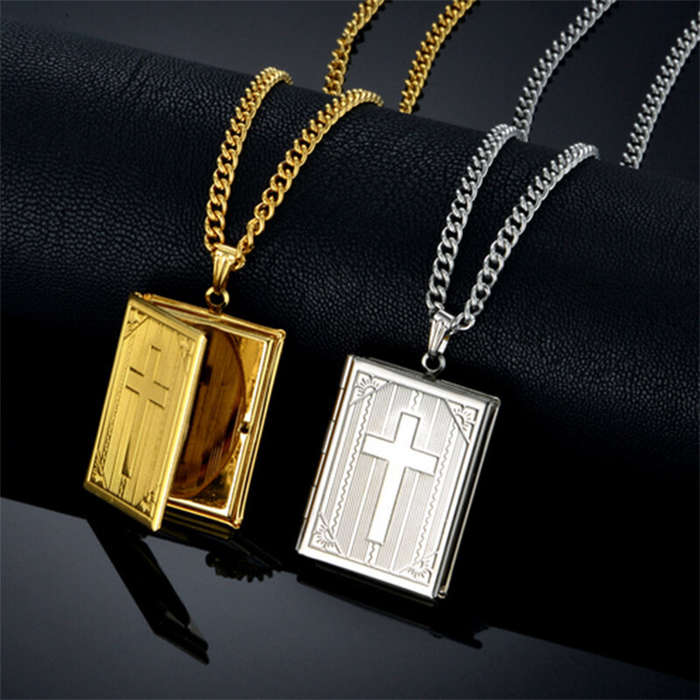 Silver - Religious Jesus Cross Locket Pendants Gold Silver Color Photo Frame Memory Necklace for Wom