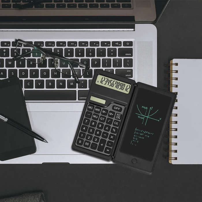 Black - Basic Calculator Notepad with 6 Inch LCD Writing Tablet Portable Foldable Scientific Calcula