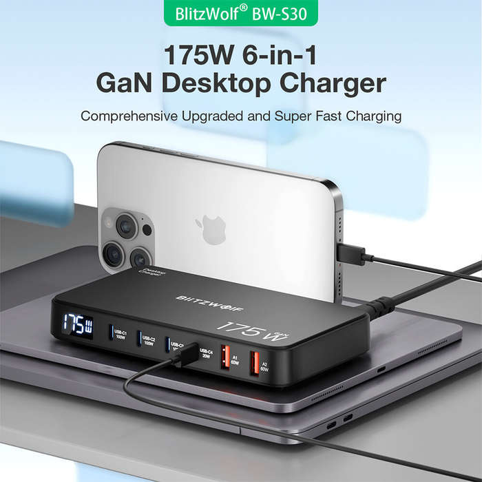 US Plug - [GaN Tech] Blitzwolf BW-S30 175W 6-Port USB PD Charger 4USB-C+2USB-A QC PD Digital Display